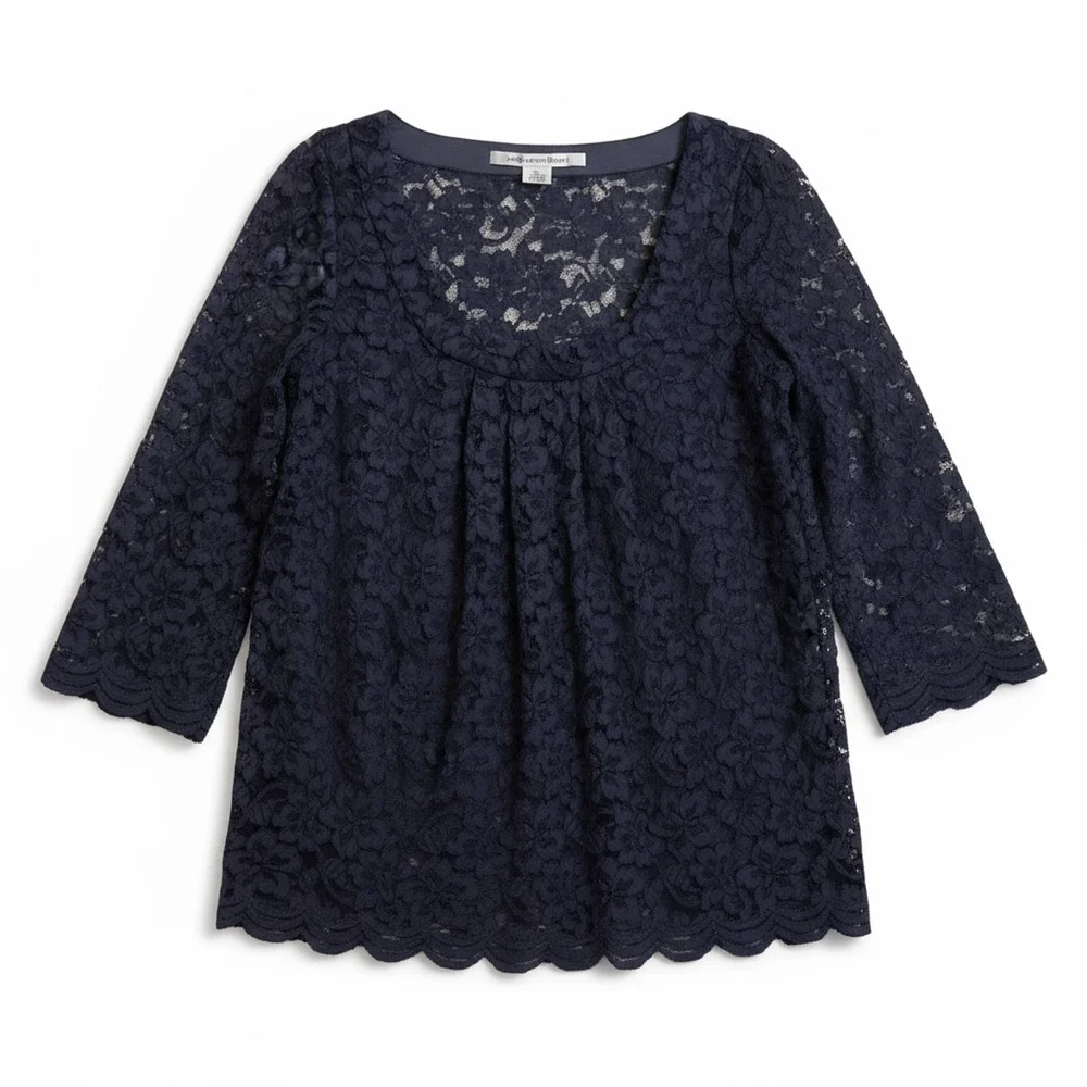 Diane Von Furstenberg Navy Blue Lace Blouse Women's Sz 6 Scallop‎ Hem 3/4 Sleeve - Picture 8 of 8
